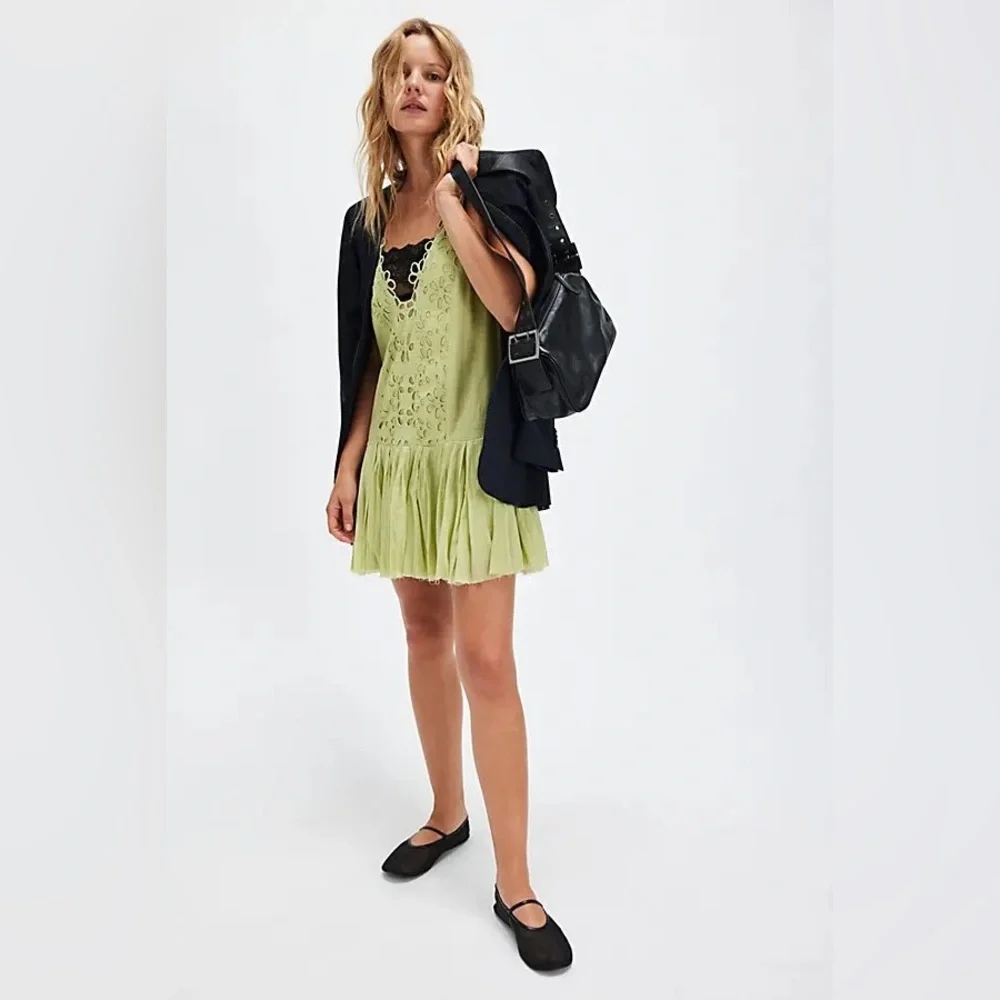Free People One Casella Green Crochet Floral Dropwaist Slip Sheer Bodice S NEW - Picture 1 of 5